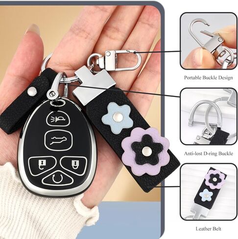 for Chevrolet Key Fob Cover with Leather Keychain, Soft TPU Key Fob Case Fit for Chevy Suburban Tahoe Traverse Buick Enclave Cadillac Escalade GMC Acadia Yukon Car Key (Silver Black) in Saudi Arabia