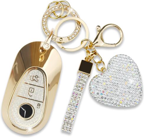 Key Fob Cover with Diamond Keychain for Mercedes Benz Car Key Shell Compatible with 2020-2022 Benz S-Class G-Class E-Class Smart Remote Key Protector for Women (3 Buttons-Gold Heart) in Saudi Arabia