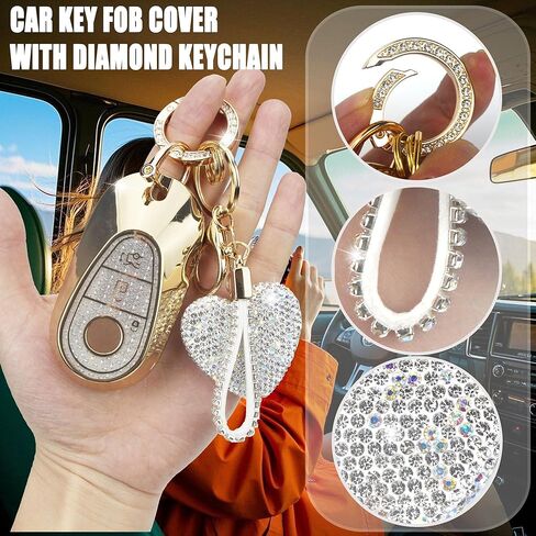 Key Fob Cover with Diamond Keychain for Mercedes Benz Car Key Shell Compatible with 2020-2022 Benz S-Class G-Class E-Class Smart Remote Key Protector for Women (3 Buttons-Gold Heart) in Saudi Arabia