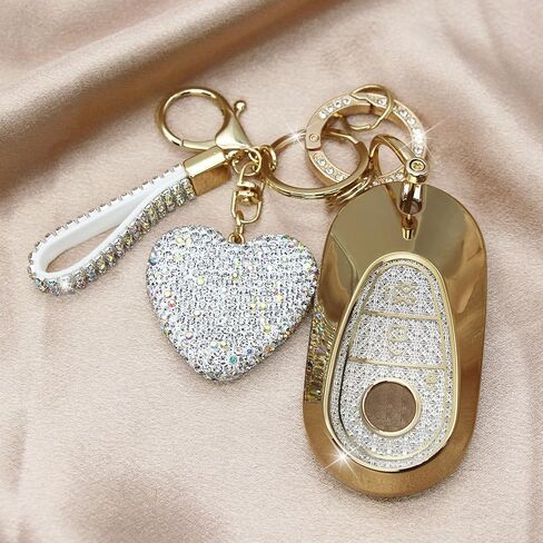 Key Fob Cover with Diamond Keychain for Mercedes Benz Car Key Shell Compatible with 2020-2022 Benz S-Class G-Class E-Class Smart Remote Key Protector for Women (3 Buttons-Gold Heart) in Saudi Arabia