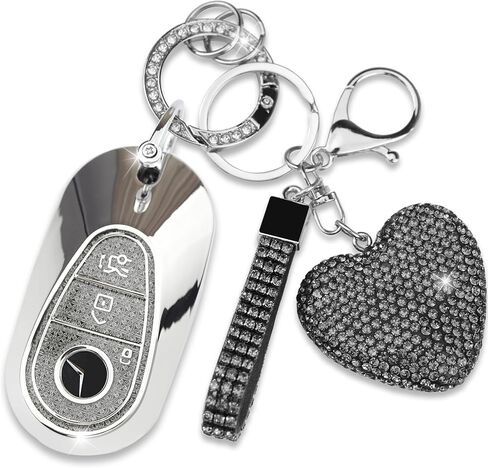Key Fob Cover with Diamond Keychain for Mercedes Benz Car Key Shell Compatible with 2020-2022 Benz S-Class G-Class E-Class Smart Remote Key Protector for Women (3 Buttons-Gold Heart) in Saudi Arabia