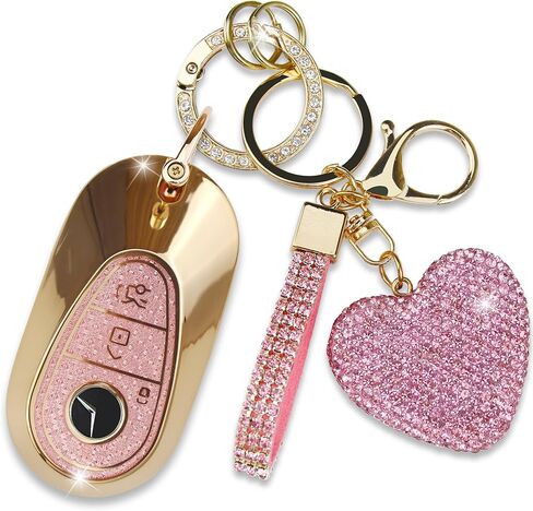 Key Fob Cover with Diamond Keychain for Mercedes Benz Car Key Shell Compatible with 2020-2022 Benz S-Class G-Class E-Class Smart Remote Key Protector for Women (3 Buttons-Gold Heart) in Saudi Arabia