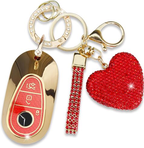Key Fob Cover with Diamond Keychain for Mercedes Benz Car Key Shell Compatible with 2020-2022 Benz S-Class G-Class E-Class Smart Remote Key Protector for Women (3 Buttons-Gold Heart) in Saudi Arabia
