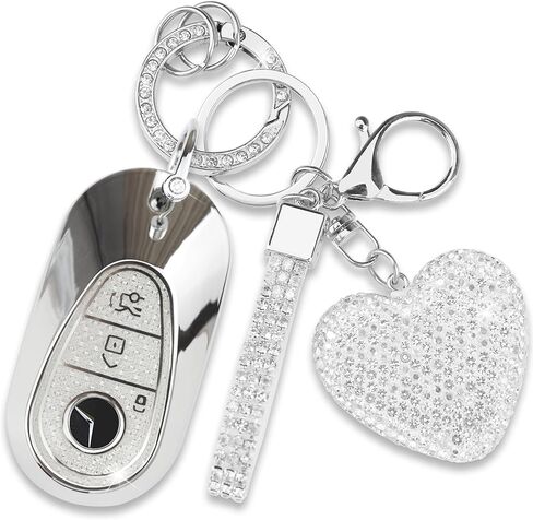 Key Fob Cover with Diamond Keychain for Mercedes Benz Car Key Shell Compatible with 2020-2022 Benz S-Class G-Class E-Class Smart Remote Key Protector for Women (3 Buttons-Gold Heart) in Saudi Arabia