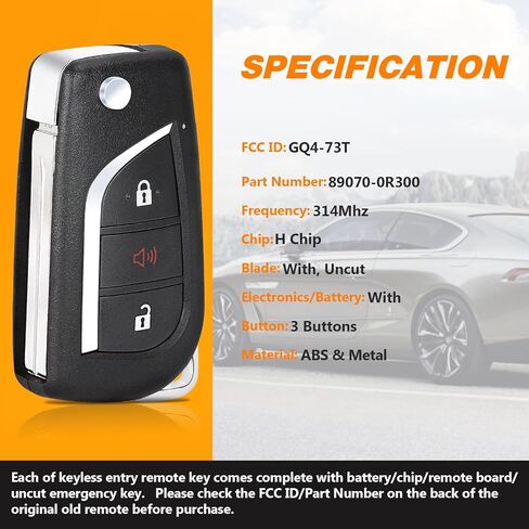 Yewong Keyless Remote Flip Car Key Fob Fit for Toyota RAV4 2019 2020 2021 2022 2023 FCC: GQ4-73T P/N: 89070-0R300 314MHZ H Chip 3 Buttons in Saudi Arabia