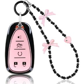 Compatible with Chevy Key Fob Cover&Bow Wristlet, Fit for Equinox Malibu Camaro Traverse Blazer Cruze LT Trailblazer 5 Buttons Smart Key Stylish TPU Key Fob Shell for Women - Black&Pink in Kuwait