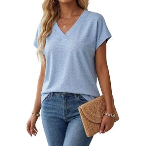 تي شيرت نسائي برقبة على شكل حرف V فضفاض مناسب بأكمام دولمان، تونيك صيفي كاجوال ناعم من الحرير الصناعي للسراويل الضيقة والسفر وملابس الاسترخاء in Kuwait