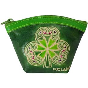Shamrock Leather Fan Purse St. Patrick's Day Irish Thematic Hand-Painted Money and Coin Pocket 4.3'', Green in Kuwait