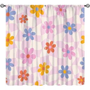 Pink Pastel Checkered Curtain, Cute Plaid Girls 70s Modern Flower Aesthetic Funky Hippie Colorful Abstract Window Drapes for Bedroom Living Room Bathroom 42" W X 45" L(No Blackout) in Saudi Arabia