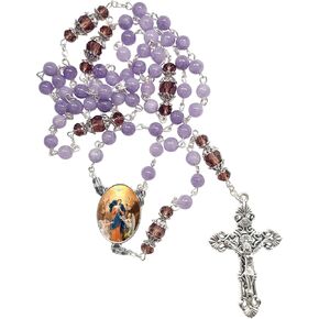 Mary Untier of Knots Maria Desatanudos Lavender Crystal Rosary with Amethyst Pater Noster Capped Beads Silver Plated Bezel Centerpiece with Color Image and a Prayer Card Eng or Spa in Kuwait