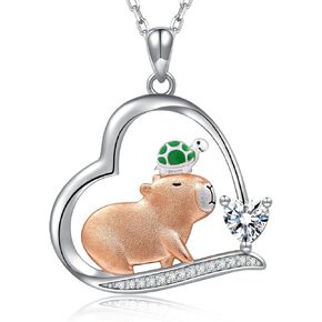 Capybara Love Necklace 925 Sterling Silver Heart Charm with Rose Gold Capybara Duck/Turtle Sparklin Zirconia Animal Lover Jewelry Gift in Saudi Arabia