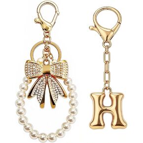 Initial Bag Charms Keychain - 2 Pcs Cute Rhinestone Bow Pearl Keyring Purse Charm for Handbags Women Birthday Gifts in Kuwait