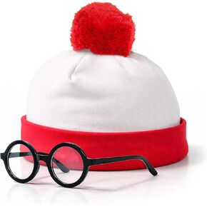 Red and White Striped Pom Pom Beanie Hat with Black Round Frame Glasses - Classic Costume Accessory Set for Teens & Adult Mens womens in Saudi Arabia