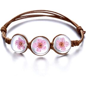 RINHOO Handmade Dry Pressed Flower Cherry Blossom Gemstone Glass Cover Charms Adjustable Rope Strand Bangle Bracelet Women Jewelry(Rose) in Kuwait