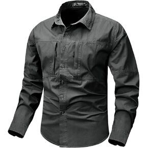 Eisctnd Men's Long Sleeve Tactical Work Shirts, Outdoor Casual Button Down Shirt with Zipper Pockets for Hiking, Safari in Kuwait
