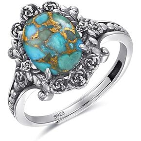 Sterling Silver Ring for Women, Romantic Oxidized Flowers with Oval Turquoise, Bohemian Hippie Adjustable Ring Size 5-9 in Kuwait