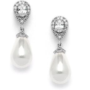 Mariell Pearl Bridal Wedding Clip-On Earrings for Bride, Pearl and CZ Non-Pierced Drop Bridal Earring in Kuwait