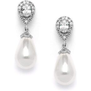 Mariell Pearl Bridal Wedding Clip-On Earrings for Bride, Pearl and CZ Non-Pierced Drop Bridal Earring in Kuwait