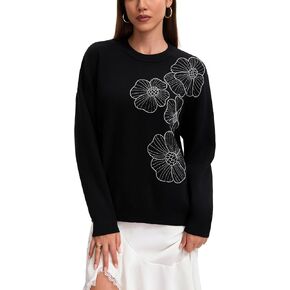 Froggirl Women's Floral Embroidered Crewneck Sweater Soft Knit Pullover Drop Shoulder Stylish Casual Top (Black 4, XXL) in Saudi Arabia