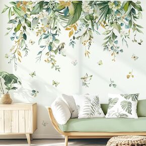 wondever Green Tropical Leaves Wall Stickers Hanging Vines Palm Leaf Plants Peel and Stick Wall Art Decals for Bedroom Living Room Sofa in Kuwait