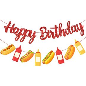 Hot Dog Happy Birthday Party Banner, Glitter Red Hotdog Bar Theme Birthday Decorations for BBQ and Picnic, Sausage Bday Party Supplies in Saudi Arabia