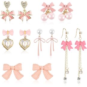 6 أزواج من الأقراط الوردية للنساء، مجموعة أقراط متدلية من حجر الراين الوردي الفاتح واللؤلؤ، أقراط فيونكة أنيقة ولطيفة، هدايا عيد الحب للنساء in Kuwait