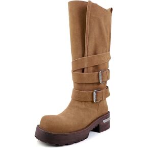 Goolita Womens Platform Knee High Boots Round Toe Chunky Heels Combat Boots Buckle Strap Wide Calf Biker Moto Boots in Kuwait