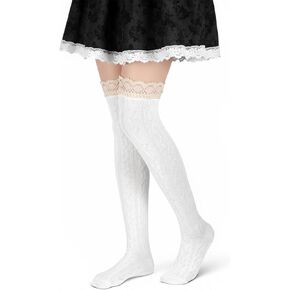 White Thigh High Socks, White over the Knee Socks, Lace Boot Sock with Ruffle Trim Top Stockings in Kuwait