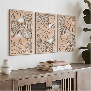 VIYYIEA Boho الخشب الصلب المنحوت جدار الفن مجموعة من 3، هندسية الحد الأدنى لوحات ديكور المنزل الخشبية، يدويا الجدار الخشب الصلب معلقة لغرفة المعيشة غرفة نوم المدخل، 16 × 8 بوصة لكل منهما (أوراق البلوط) in Kuwait