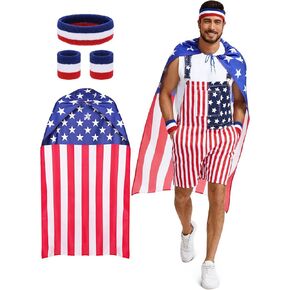 Ultrafun Mens American Flag Overalls, USA Cape, Sweatband & Wristbands, 4Pcs 4th of July Outfits for Independence Labor Day in Kuwait