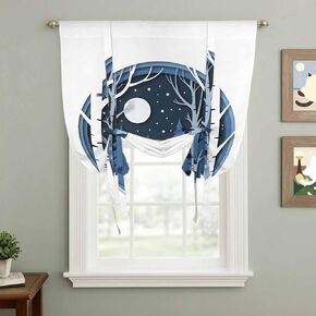 Blue Wolf Tie Up Curtains for Window, Christmas Tree Forest Scissors Moon Night Thermal Insulated Balloon Shade Adjustable Rod Pocket Curtains Valance Panels for Kitchen Bathroom Café 42'' x 54'' in Saudi Arabia