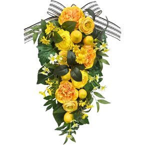 24 Inch Pre-Lit Lemon Swag for Front Door with 10 LED Lights Artificial Spring Summer Floral Teardrop Decoration with Striped Bow Yellow Peony for Spring Summer Farmhouse Decor Indoor Outdoor in Saudi Arabia