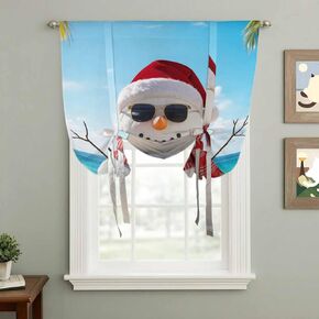 Coastal Christmas Tie Up Curtains for Window, Xmas Beach Snowman Ocean Holiday Thermal Insulated Balloon Shade Adjustable Rod Pocket Curtains Valance Panels for Kitchen Bathroom Café 42'' x 63'' in Kuwait