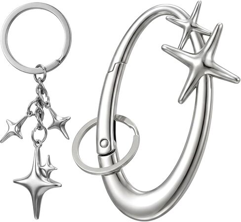 2 Pcs Y2K Star Carabiner Keychain, Aesthetic Star Moon Keychain Silver Fashion Key Chain Karibiner Clasp Snap Hook Holder for Men Women Handbag Backpack Bag in Saudi Arabia