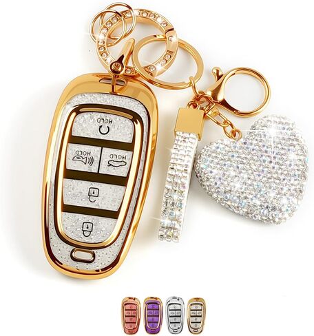 5 Button Key Fob Cover with Diamond, Compatible with Sparkling TPU Key Case and Elegant Heart Decoration for Women (Silver) in Saudi Arabia