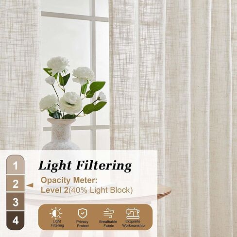 OWENIE Natural Linen Curtains 84 Inch Length 2 Panels Set for Living Room Bedroom, Thick Textured Burlap Linen Blend Light Filtering Boho Farmhouse Window Treatments with Back Tab Top, 52" W x 84" L in Kuwait