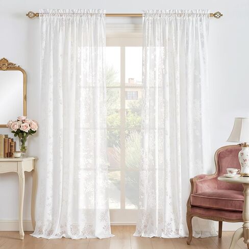 PONY DANCE Dreamy Butterfly Floral Sheer Curtains 84 inches Long - Vertical Window Treatments for Sliding Glass Door, Romantic Light Filtering Window Gauze,55x84 inches,White in Kuwait
