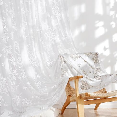 PONY DANCE Dreamy Butterfly Floral Sheer Curtains 84 inches Long - Vertical Window Treatments for Sliding Glass Door, Romantic Light Filtering Window Gauze,55x84 inches,White in Kuwait