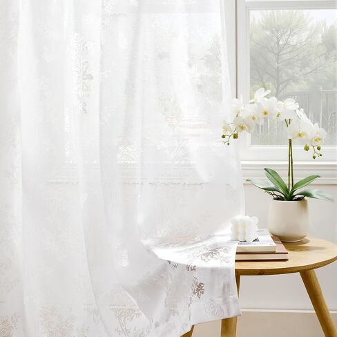 PONY DANCE Dreamy Butterfly Floral Sheer Curtains 84 inches Long - Vertical Window Treatments for Sliding Glass Door, Romantic Light Filtering Window Gauze,55x84 inches,White in Kuwait