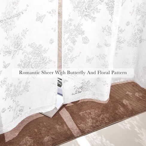PONY DANCE Dreamy Butterfly Floral Sheer Curtains 84 inches Long - Vertical Window Treatments for Sliding Glass Door, Romantic Light Filtering Window Gauze,55x84 inches,White in Kuwait