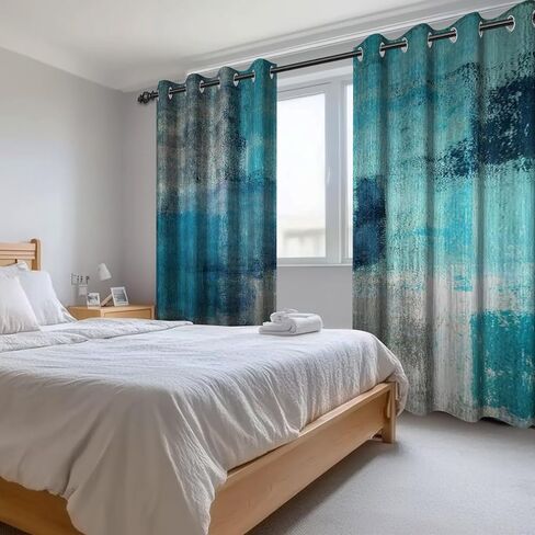 Teal Blue Abstract Art Curtains for Bedroom, Modern Contemporary Watercolor Print Turquoise Grey Window Drapes for Din, Cool Tone Painting for Living Room Decor,2 Panels,Each W42 xL63 in Kuwait