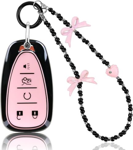 Compatible with Chevy Key Fob Cover&Bow Wristlet, Fit for Equinox Malibu Camaro Traverse Blazer Cruze LT Trailblazer 5 Buttons Smart Key Stylish TPU Key Fob Shell for Women - Black&Pink in Kuwait