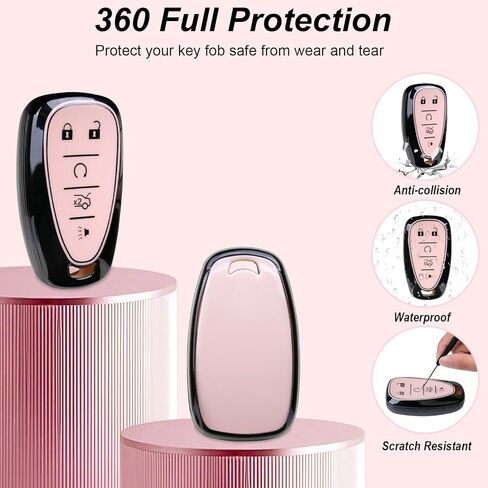 Compatible with Chevy Key Fob Cover&Bow Wristlet, Fit for Equinox Malibu Camaro Traverse Blazer Cruze LT Trailblazer 5 Buttons Smart Key Stylish TPU Key Fob Shell for Women - Black&Pink in Kuwait
