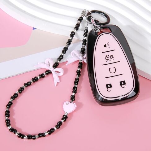 Compatible with Chevy Key Fob Cover&Bow Wristlet, Fit for Equinox Malibu Camaro Traverse Blazer Cruze LT Trailblazer 5 Buttons Smart Key Stylish TPU Key Fob Shell for Women - Black&Pink in Kuwait