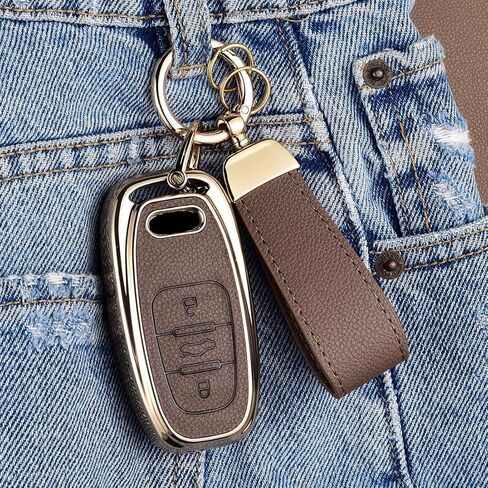 Key Fob Cover for Audi with Key Chain, Upper Leather + Soft TPU Key Cover Shell for Q5 Q7 S3 S4 S5 A4 A5 A6 A7 A8 in Saudi Arabia