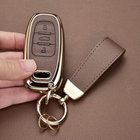 Key Fob Cover for Audi with Key Chain, Upper Leather + Soft TPU Key Cover Shell for Q5 Q7 S3 S4 S5 A4 A5 A6 A7 A8 in Saudi Arabia