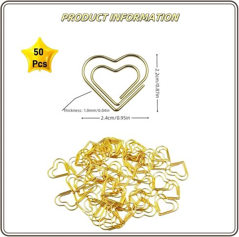 50 قطعة من مشابك الورق الذهبية على شكل قلب - دبابيس ورق صغيرة لطيفة على شكل قلب من الفولاذ المقاوم للصدأ إشارات مرجعية معدنية للوازم المكتبية والمدرسة والحرف اليدوية والديكور، مشابك ورق ذهبية صغيرة in Kuwait