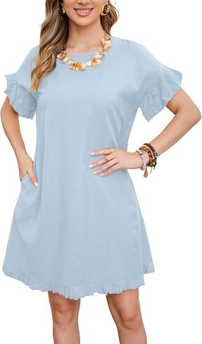 CHARTOU Women Loose Linen Mini Dress Summer Modest Frayed T Shirt Dress Flowy Ruffle Short Sleeve Shift Dress Pocket in Kuwait