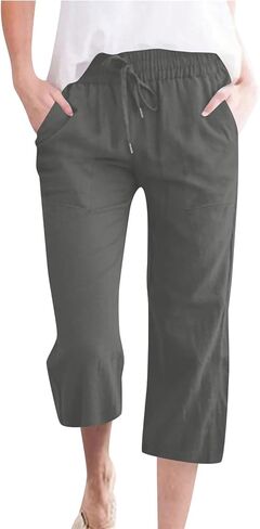 Women's Capri Pants Linen Summer Beach Casual Drawstring Wide Leg Lounge Palazzo Pants High Waisted with Pockets in Saudi Arabia