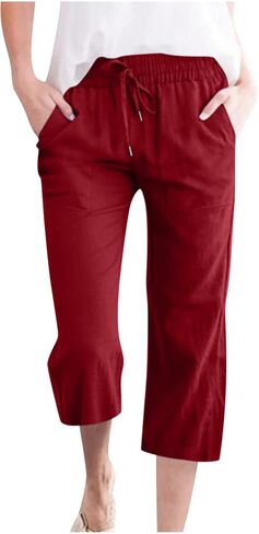 Women's Capri Pants Linen Summer Beach Casual Drawstring Wide Leg Lounge Palazzo Pants High Waisted with Pockets in Saudi Arabia